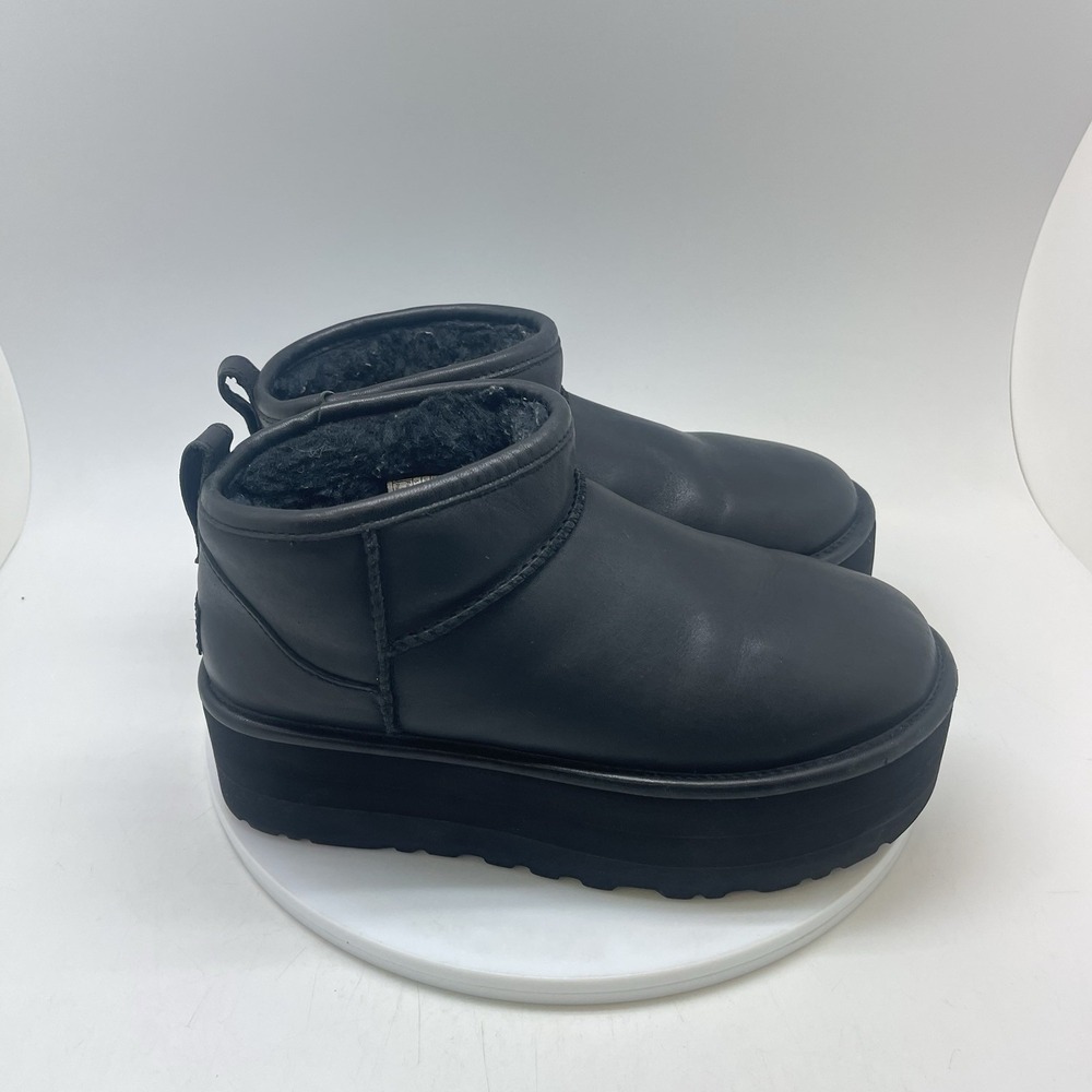 Ugg Boots Womens 7 Classic Ultra Mini Black Leather Platform 1141510 Winter Shoe